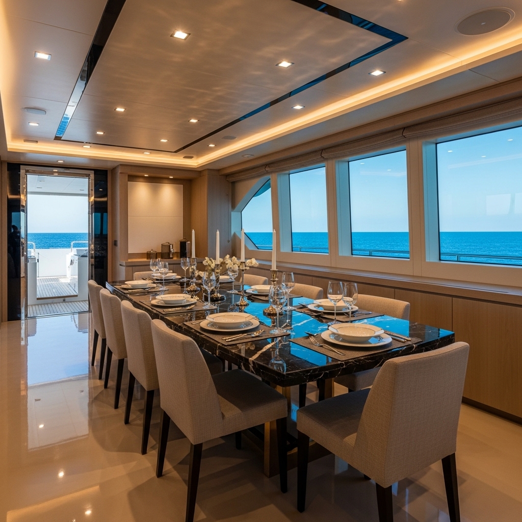 Eetruimte met epoxyvloer in marmerlook