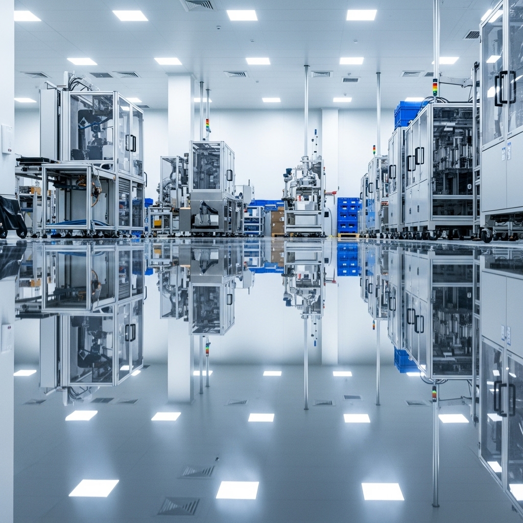 Antistatische ESD epoxyvloer in elektronica-assemblage met markering en aardpunt