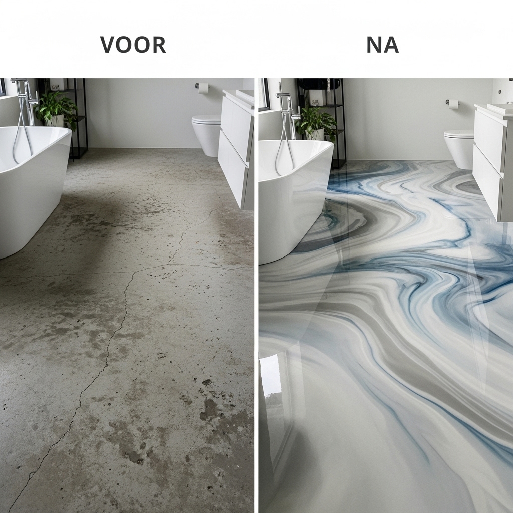 Epoxyvloer met flakes in grijsblend en matte topcoat