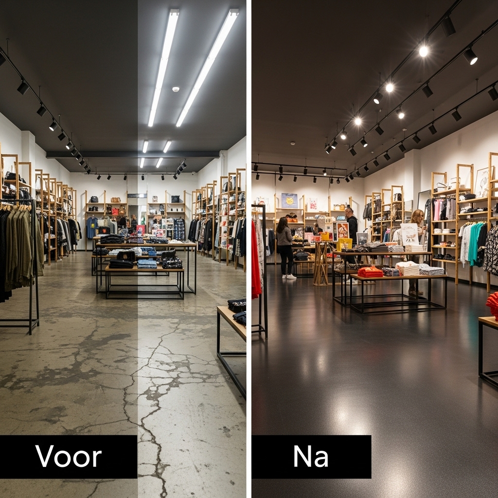 Epoxyvloer Rotterdam – voor en na voorbeeld showroom Prins Alexander