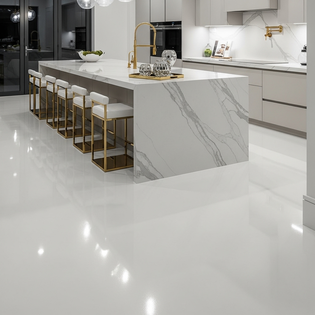 Keuken met epoxyvloer en kleur RAL 7040