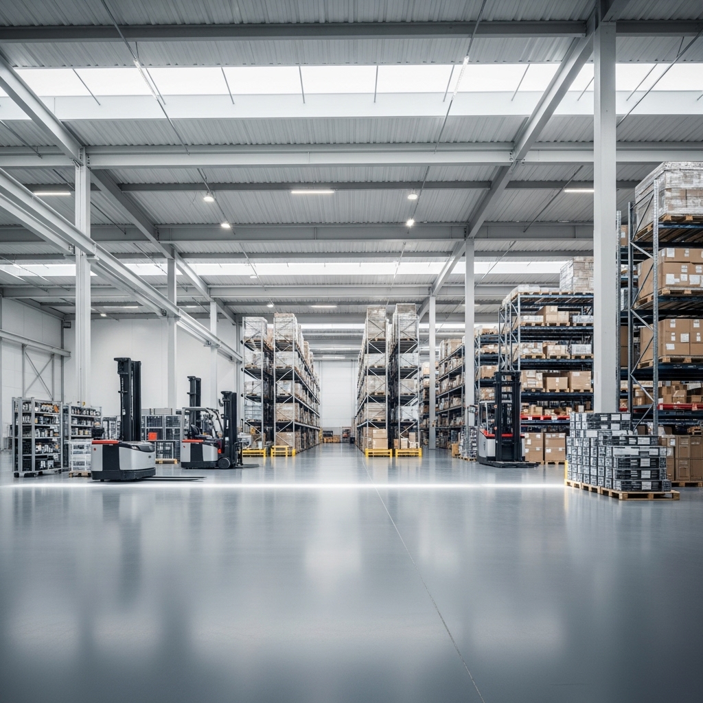 Magazijn epoxyvloer met looppaden