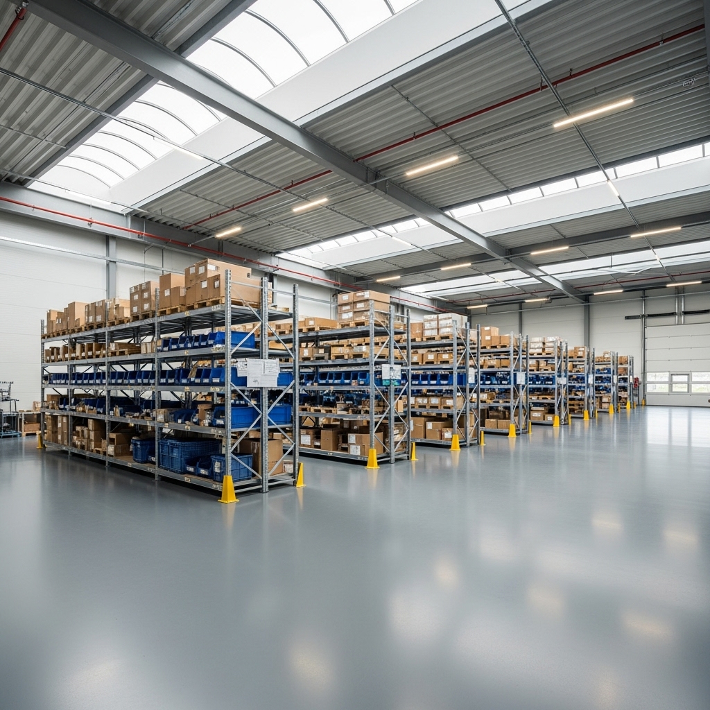 Naadloze epoxyvloer met looppaden en vakmarkering in een fulfilmentwarehouse