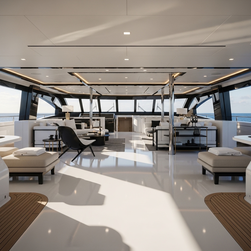 Luxe epoxyvloer in de salon van een superjacht