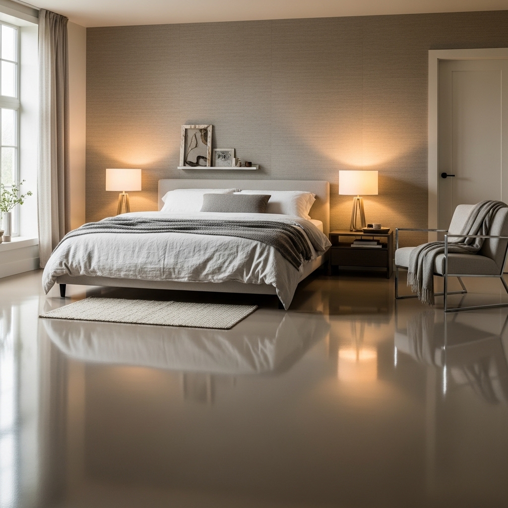 Epoxyvloer slaapkamer lichtgrijs RAL, minimalistische inrichting
