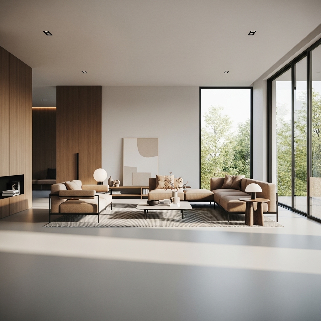 Woonkamer epoxyvloer met veel daglicht