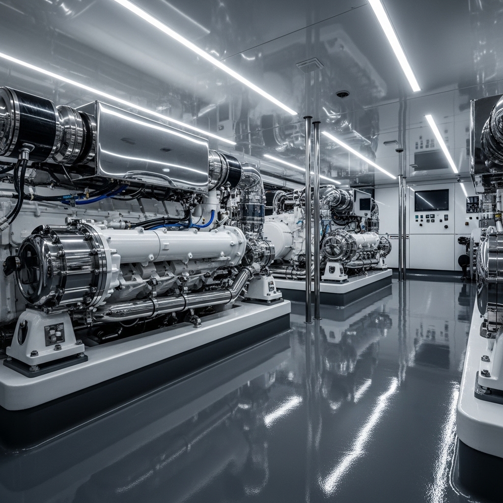 Detail epoxy vloer machinekamer met kleurcodering